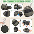 Step-by-step guide on how to pack and unpack a green storage bag with a black interior.