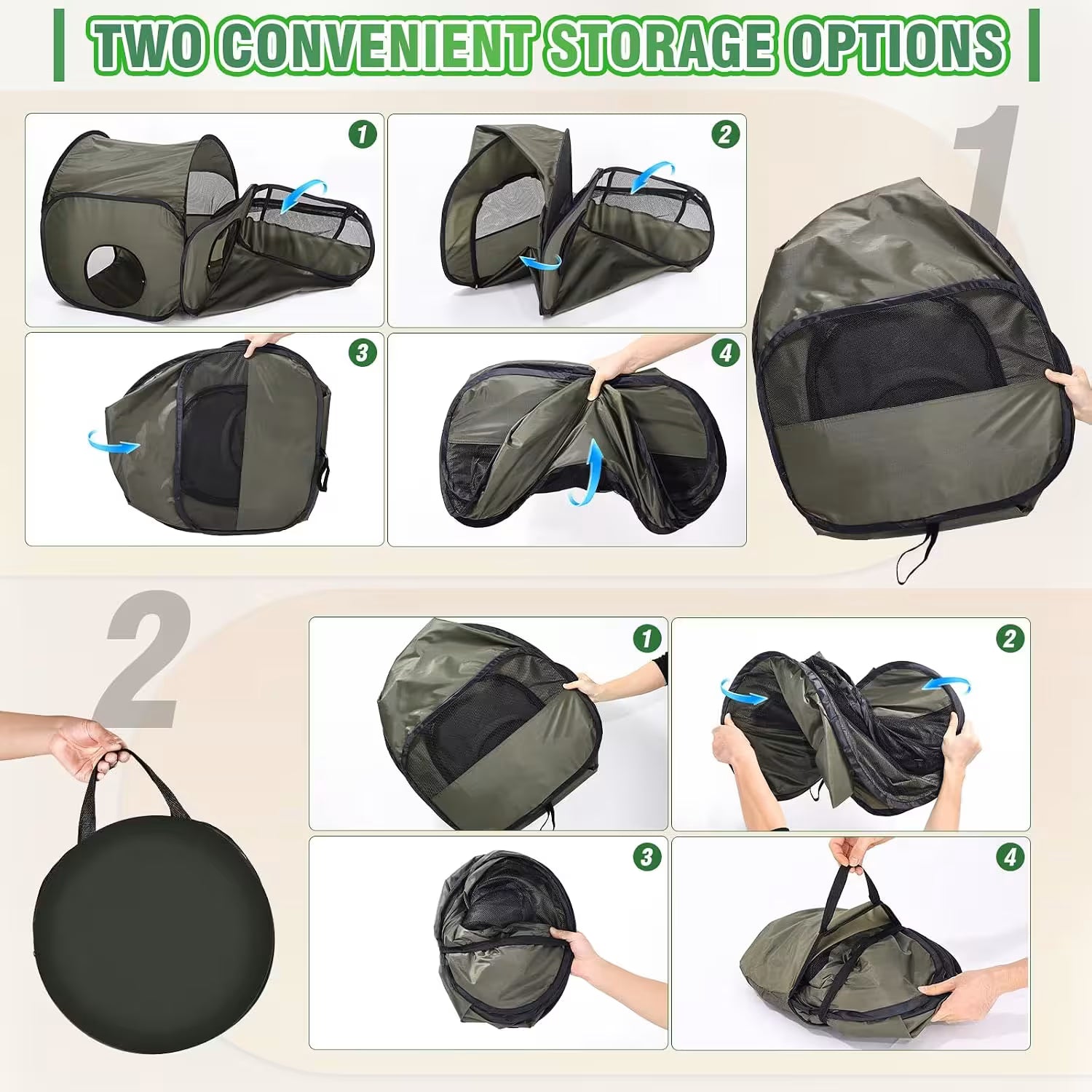 Step-by-step guide on how to pack and unpack a green storage bag with a black interior.