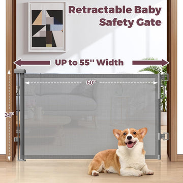 55 Inch Retractable Mesh Baby Gate for Stairs, Doorways & Hallways, Indoor Outdoor Safety Gate for Babies, Toddlers & Dogs, Grey