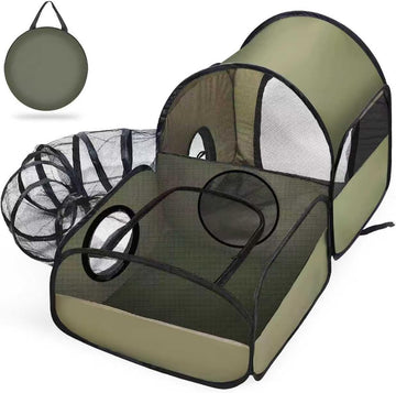 Portable Cat Playpen with Tunnel, 2-Connected Cat Enclosures, Breathable Mesh Cat Tent for Indoor & Outdoor Use, Green