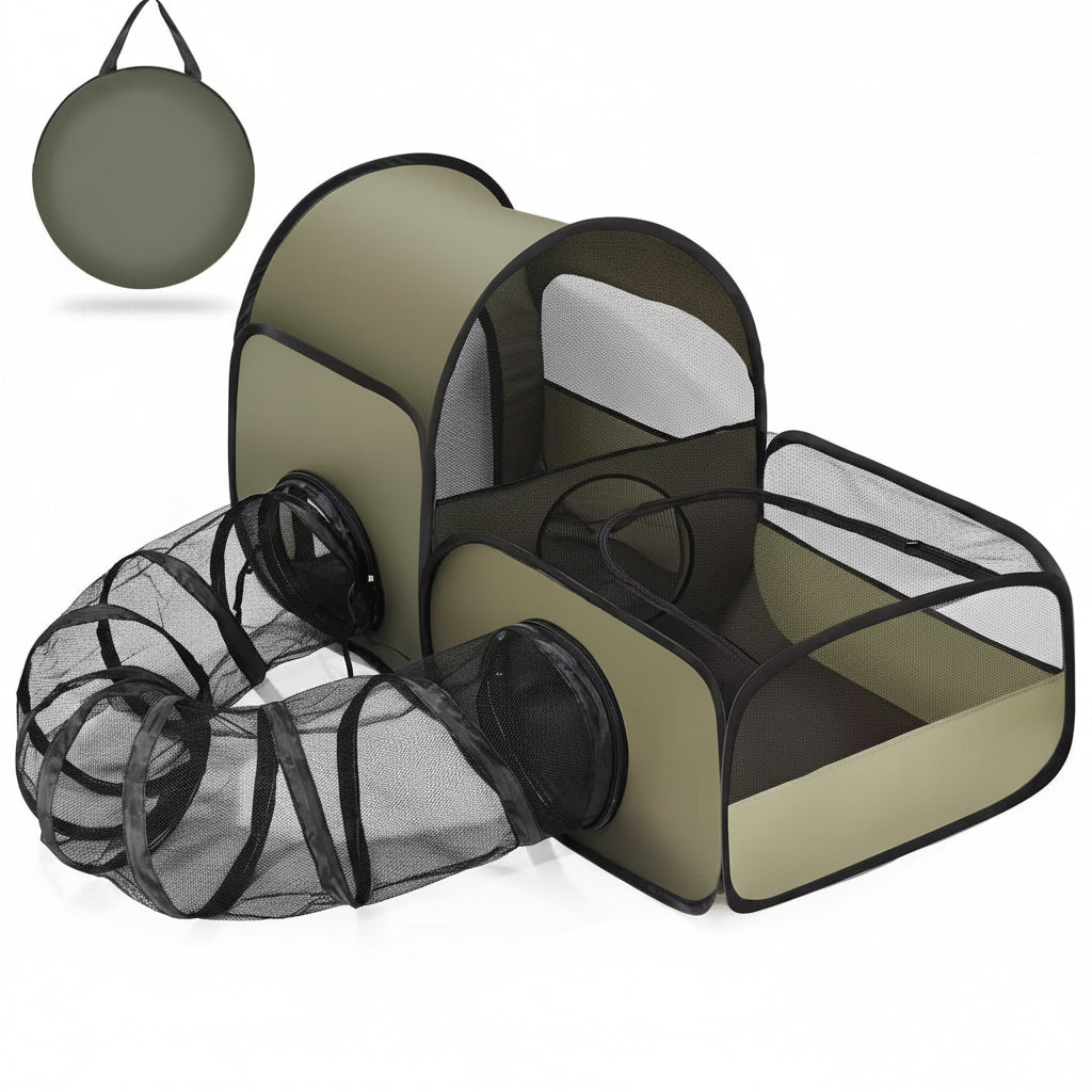 Portable Cat Playpen with Tunnel, 2-Connected Cat Enclosures, Breathable Mesh Cat Tent for Indoor & Outdoor Use, Green
