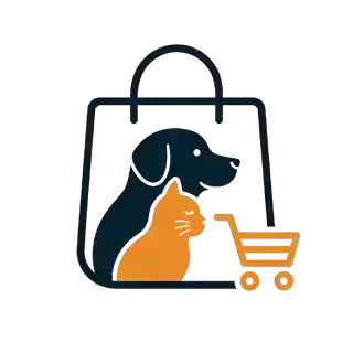 A stylized shopping bag icon with a black outline, featuring a dark navy dog and an orange cat inside, alongside an orange shopping cart on a plain white background.