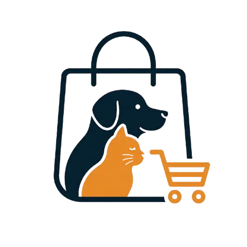 A stylized shopping bag icon with a dog and cat inside and a shopping cart at the front, shown on a plain white background.